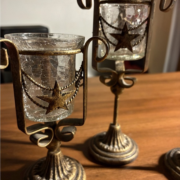 Vintage Bronze Star Crackled Glass Candle Holders Set of 3 - Picture 3 of 6